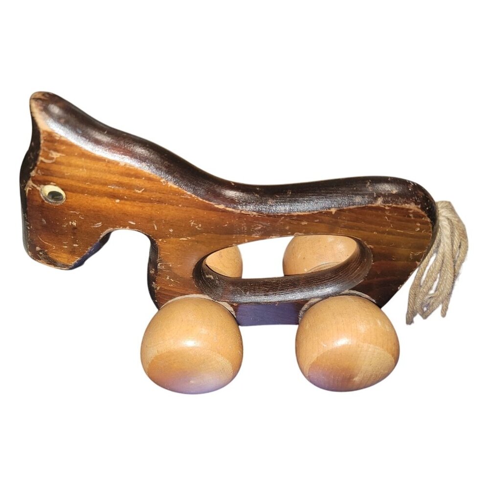 Vintage Wooden Horse Rolling Toy With Rope Tail & Smooth Wheels Handcrafted